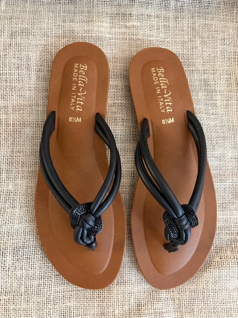 Bella Vita Black Knotted Leather Toe-Post Sandals